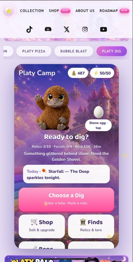A mobile app screenshot titled 'Platy Camp' featuring a cartoon platypus, showing 487 coins and 50/50 energy, with options to 'Choose a Dig', 'Shop', and 'Finds'.