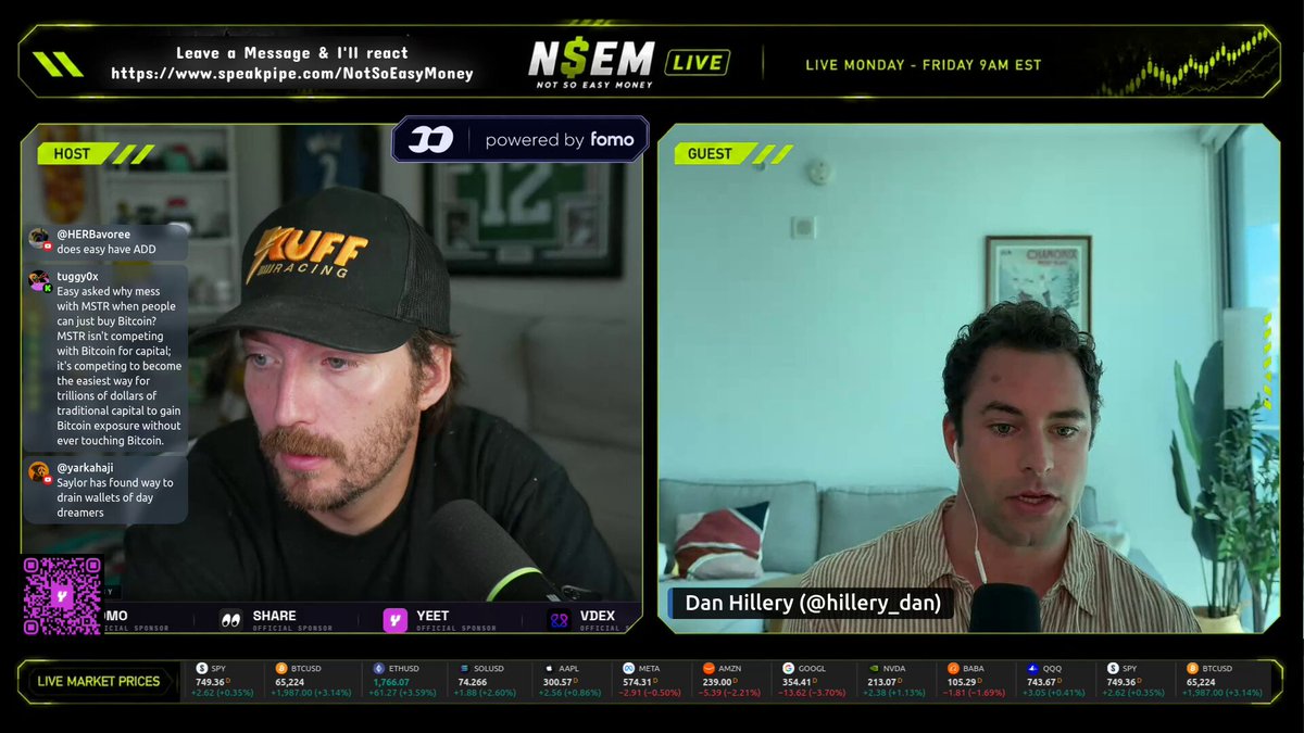 The image shows two men sitting behind microphones, likely participating in an online chat or video call. The background of the image features a white wall with a picture hanging above it. There are also some text elements present in the image that read "$MSTR is like a leveraged ETF without theta decay". This suggests that the conversation might be related to financial topics, possibly discussing stock trading strategies or other market-related subjects.