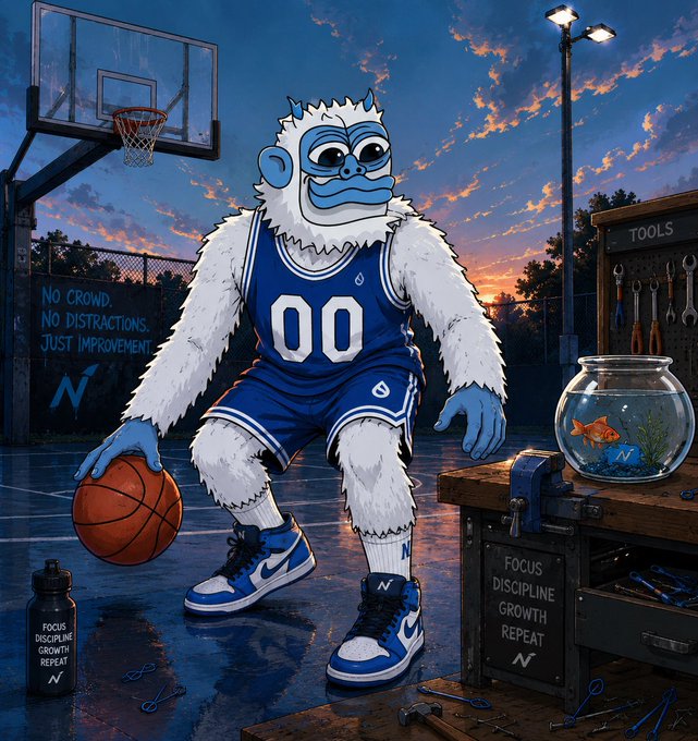 A cartoon yeti mascot wearing a blue "00" jersey dribbles a basketball on an outdoor court at sunset, surrounded by motivational text including "NO CROWD. NO DISTRACTIONS. JUST IMPROVEMENT," "FOCUS DISCIPLINE GROWTH REPEAT," and a "TOOLS" board with wrenches—imagery aligning with the post's message about $LOFI on Sui building lasting, disciplined impact rather than chasing hype or distractions.