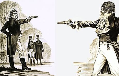 This illustration depicts two men in period clothing aiming pistols at each other in a duel, symbolizing the "bet" mentioned in the accompanying post.