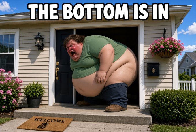 The image shows a heavily overweight person in a green shirt struggling to squeeze out of a doorway with the caption "THE BOTTOM IS IN" at the top, while a "WELCOME" mat sits at their feet. The visual humor plays on the dual meaning of "the bottom is in" — both as a Bitcoin market bottom call and a literal reference to the person's backside stuck in the doorway, with a welcome mat awaiting what's emerging.