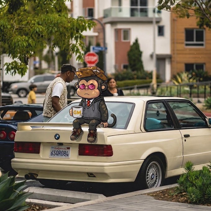 An edited photo of a cartoon monkey character wearing a suit, sunglasses, and holding a 'GM' coffee mug, sitting on the trunk of a cream-colored BMW with California license plate 6SQR084.