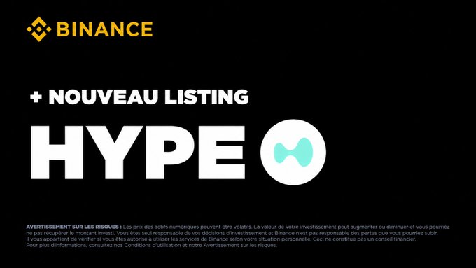 A Binance cryptocurrency announcement graphic for a new listing of 'HYPE' token, featuring the Binance logo and standard risk disclaimer text in French.