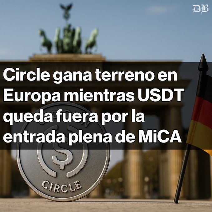 An image showing a USDC coin and a German flag in front of the Brandenburg Gate, with Spanish text: "Circle gana terreno en Europa mientras USDT queda fuera por la entrada plena de MiCA."