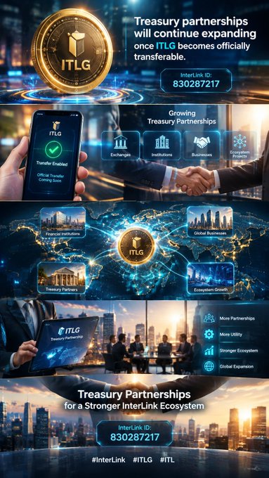 A promotional graphic for InterLink (ITLG) cryptocurrency, advertising growing treasury partnerships, global expansion, and displaying InterLink ID: 830287217.