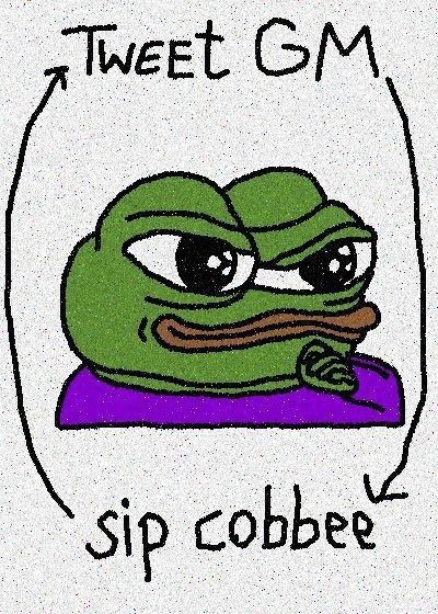 A drawing of the Pepe the Frog meme surrounded by arrows and the text "Tweet GM" and "sip cobbee".