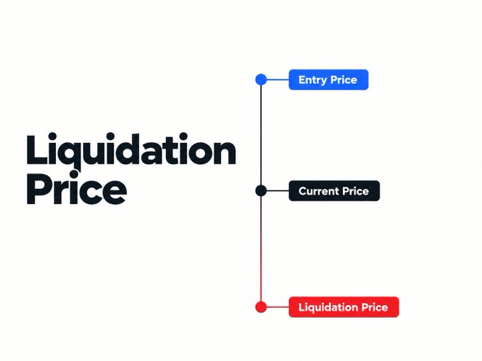 The image is an infographic titled "Liquidation Price" that uses a vertical line with three labeled points—Entry Price (top, blue), Current Price (middle, black), and Liquidation Price (bottom, red)—to visually illustrate the decreasing distance between a trader's current position and the point at which a Futures trade would be forcibly closed, reinforcing the importance of monitoring this level.