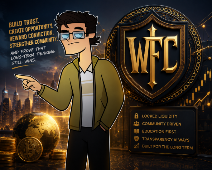 The image features a cartoon man dressed in a yellow jacket standing next to a shield with gold lettering, which reads "WFC" and "WFCCommunity26". The man appears to be pointing at something or giving directions. In the background, there is an illustration of a city skyline, suggesting that this scene takes place in a financial context. The post mentions that Crypto was supposed to be about opportunity for ordinary people to participate in a financial system without permission, but it seems like the man's actions are against this vision.
