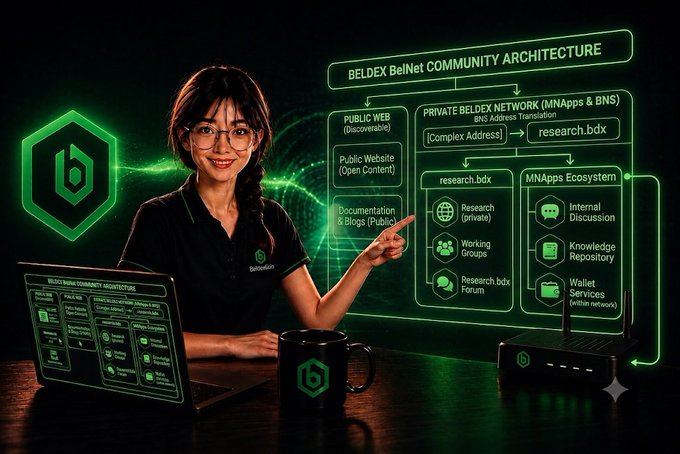 A promotional image for Beldex showing a woman pointing at a green holographic diagram of 'BELDEX BelNet COMMUNITY ARCHITECTURE' alongside a laptop and coffee mug.