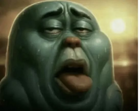 A close-up of a 3D-animated, green-skinned, distressed character with closed eyes, flared nostrils, and an open mouth, set against a blurred, warm-toned background.