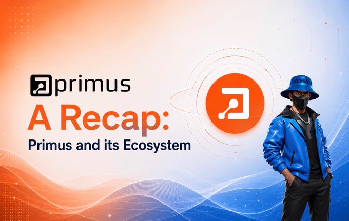 A promotional graphic titled "A Recap: Primus and its Ecosystem" features the Primus logo and mascot against an orange and blue gradient background, summarizing the recap post about Primus Labs and its Confidential Vault, which enables $U token shielding for onchain financial privacy.