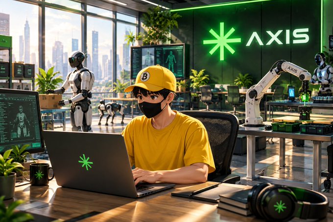An anime-style digital illustration of a young person wearing a yellow cap and shirt working on a laptop with a green asterisk logo, in a high-tech futuristic lab or office setting with robots, a robotic arm, and a large glowing "AXIS" sign.