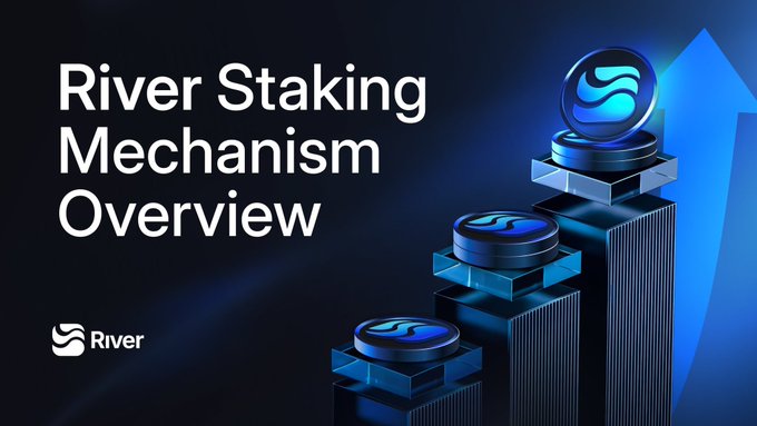 The image features a poster for "River Staking Mechanism Overview" with three blue blocks stacked atop each other, accompanied by an upward-pointing arrow. The text at the bottom of the poster reads "GM everyone The longer I spend in Web3, the more I appreciate projects that focus on utility over hype. That'S one reason I keep following @River4fun and @RiverdotInc $RIVER → Consistent ecosystem activity → River Points through participation → satUSD expanding".