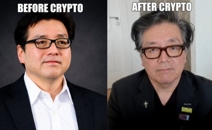 The image is a side-by-side "before and after" meme showing the same man looking noticeably older and more weathered on the right, labeled "BEFORE CRYPTO" and "AFTER CRYPTO," humorously suggesting crypto's volatility has visibly aged him—likely referencing Tom Lee's recent CNBC warning that quantum computers could break Bitcoin's encryption within 2-3 years while Ethereum and Solana are better positioned.