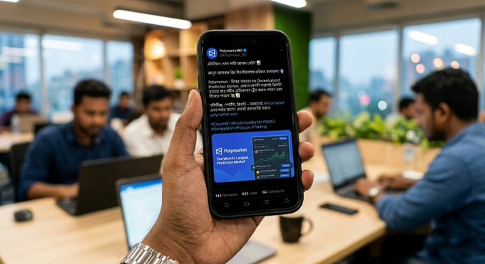 The image shows a person holding up their phone displaying a Twitter feed with a message about traditional polling being outdated. The focus of the image is on the Twitter feed rather than the content of the phone itself, which is held by another person.