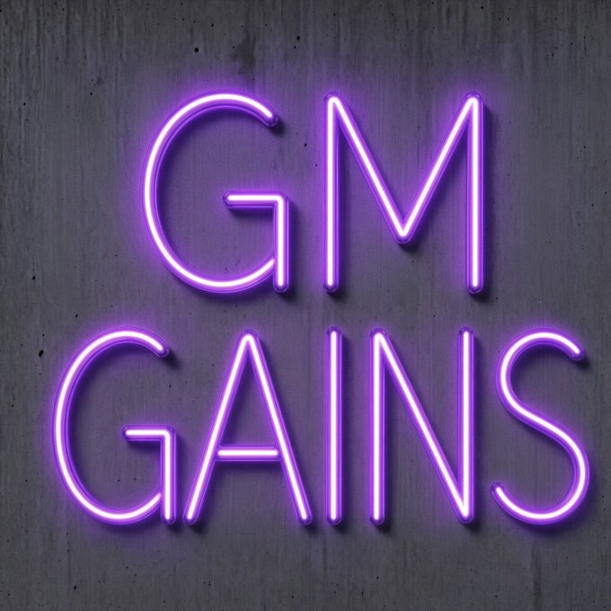 A purple neon sign on a gray concrete wall that reads "GM GAINS", a popular crypto and stock trading slang expression.