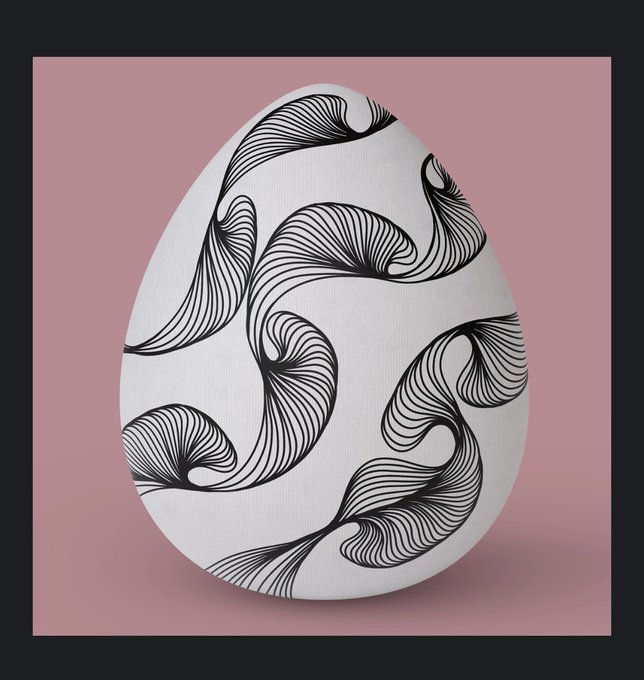 A white egg decorated with flowing black abstract line patterns, displayed against a pink background and framed by a black border.