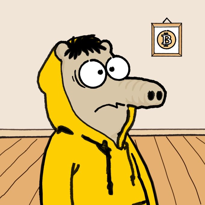 A cartoon character with a long snout and a worried expression stares at a framed Bitcoin logo on the wall, illustrating the "ordinals" reference in the caption about upcoming "snoots."