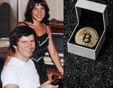 A split image showing a vintage photo of a smiling couple on the left and a gold Bitcoin commemorative coin in an open presentation box on the right.