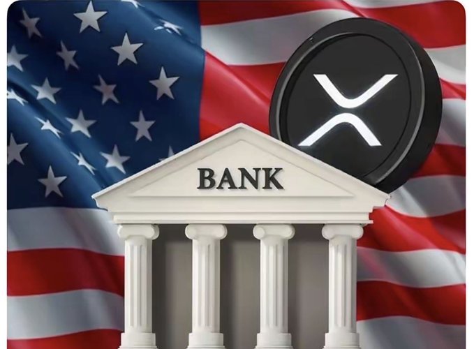 A composite image showing the XRP logo and a classical bank building with columns and 'BANK' text, set against an American flag background.
