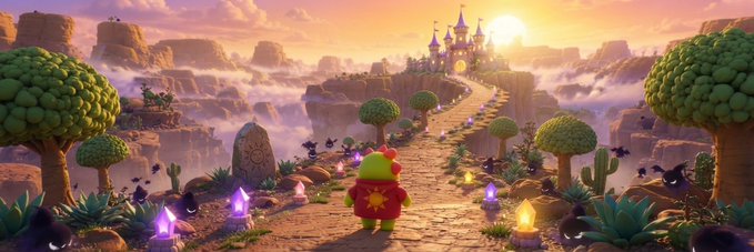 A vibrant 3D-rendered fantasy landscape shows a character in a yellow and red outfit walking along a path toward a distant castle, surrounded by trees, glowing crystals, and a sunset sky.