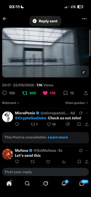 A screenshot of a social media post in dark mode showing 'Reply sent' notification with a video of a minimalist room, engagement stats (155 comments, 100 reposts, 176 likes, 12 bookmarks), and reply from @MicroPenis tagging @CryptoGodJohn, plus another reply from @SolMufasa saying 'Let's send this'.