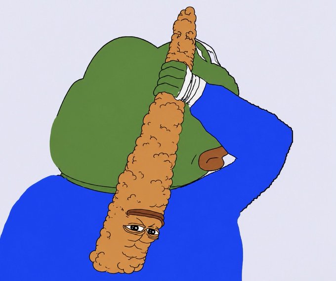 A cartoon illustration shows a green frog character wearing a blue outfit and white wristband, gripping a long, textured orange staff-like object that has an anthropomorphic face with half-lidded eyes and a slight smirk near its bottom end.
