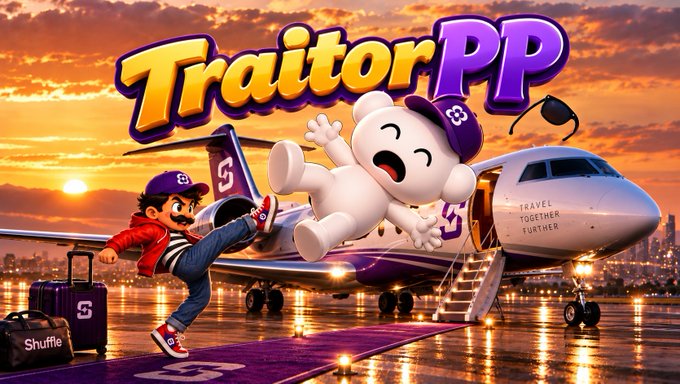 The image depicts a promotional graphic for "TRAITOR PP" featuring a playful white mascot character being kicked by a figure in a purple "S" cap toward a private jet with "TRAVEL TOGETHER FURTHER" text, alongside a "Shuffle" suitcase, visually satirizing the betrayal of switching from Shuffle to Stake despite prior commitments.