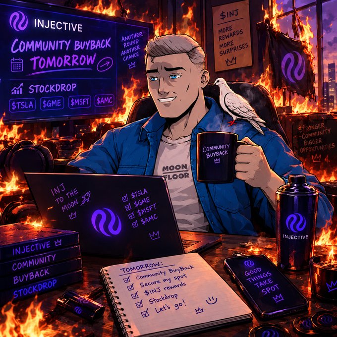 A stylized crypto-themed illustration shows a smiling man at a laptop amid flames, holding a mug labeled “Community Buyback” while a white bird perches on his arm. Visible text includes “INJECTIVE,” “Community Buyback Tomorrow,” “Stockdrop,” ticker tags “$TSLA,” “$GME,” “$MSFT,” and “$AMC,” plus checklist items such as “INJ to the moon,” “$INJ rewards,” and “Let’s go!”
