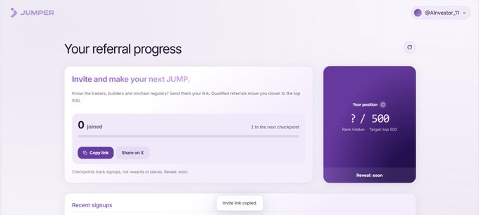 Jumper referral dashboard showing 'Your referral progress' with '0 joined', a position of '? / 500', and an 'Invite link copied' notification.