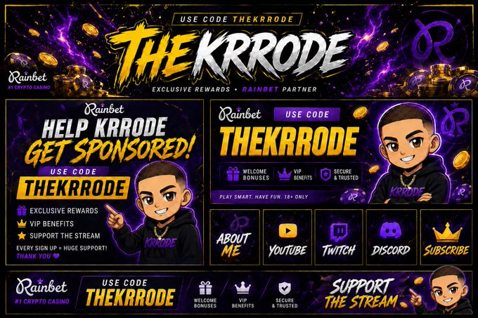 A vibrant purple and gold promotional graphic for "THEKRRODE," a Rainbet crypto casino partner, featuring a cartoon avatar of the streamer, social media icons, and the promo code "THEKRRODE".