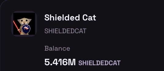 A dark interface card displaying 'Shielded Cat' (SHIELDEDCAT) with a pixel art icon of a cat holding a sword and shield, showing a balance of '5.416M SHIELDEDCAT'.