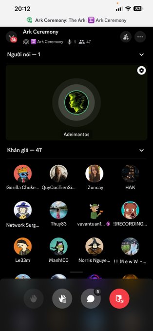 A mobile screenshot of a Discord call interface titled 'Ark Ceremony: The Ark' showing 47 participants, including user 'Zuncay' speaking, with Vietnamese text 'Người nói – 1' and 'Khán giả – 47'.