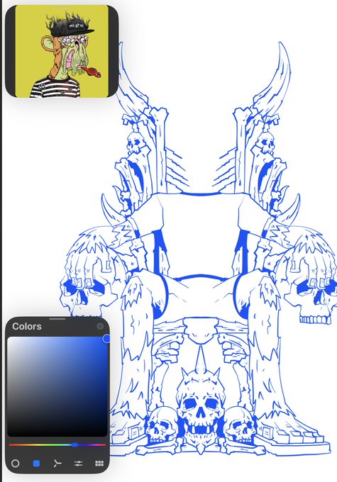 A digital illustration interface showing a detailed blue line drawing of a gothic throne adorned with horned skulls, alongside a small reference image of a grotesque character and a color selection panel.