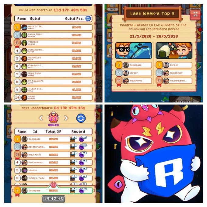In this collage of four different photos, there are two images featuring a red robot holding an opponent's arm. The first image shows the bottom left corner with a white game panel filled with numbers from 0 to 100. In contrast, the top right photo is much more colorful and features a vibrant red character with an opponent in blue and another player in pink. These images showcase the fun gaming experience while highlighting their respective guild wars and leaderboard standings, providing viewers with a clear understanding of each character's progress and accomplishments throughout the game.