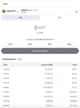 A crypto trading interface for GIBI/VSTT shows VSTT priced at $888.69 (+795.87%) with zero balance and available supply of 2,030,465,303.78 VSTT, reinforcing the post's mention of an upcoming token listing.
