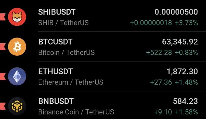 The image displays cryptocurrency prices on a trading platform, showing SHIB/USDT leading with a +3.73% gain at $0.00000500, while BTC, ETH, and BNB posted smaller increases of +0.83%, +1.48%, and +1.58% respectively. This visual supports the caption's claim that $SHIB is outperforming major cryptocurrencies, illustrating how the memecoin has surged ahead of the blue-chip tokens in today's trading session.