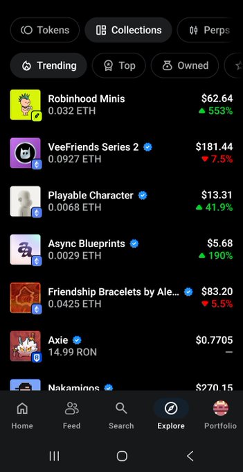 A mobile NFT marketplace app showing trending collections like Robinhood Minis ($62.64), VeeFriends Series 2 ($181.44), and Playable Character ($13.31) along with their floor prices and 24-hour changes.