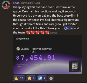 A Discord post by 'noon' from 30/06/2026 praising 'Hypernova' with the text 'I keep saying this over and over. Best firm in the space,' accompanied by an image showing a 'CLAIRO received a payout of $7,454.91' from Hypernova.