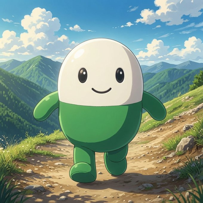 A cute, round green and white cartoon mascot with a smiling face stands confidently on a mountain trail surrounded by rolling green hills and a bright blue sky. The cheerful character appears to represent the $CupseyToken community mascot, embodying the friendly and adventurous spirit of the project's "GM" (good morning) greeting to its holders.
