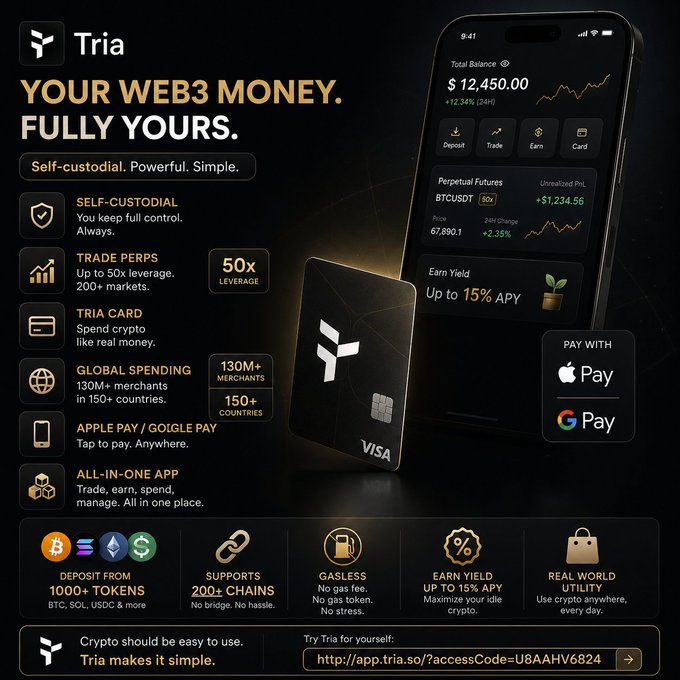 The image shows a black background with a white text box containing information about a website called Tria, which offers web3 money services. The text explains that users can easily send and receive digital assets using the Tria wallet app or transfer funds between accounts through the Tria cryptocurrency exchange. The post also mentions that spending crypto usually adds up to friction in the process of moving assets from one place to another.