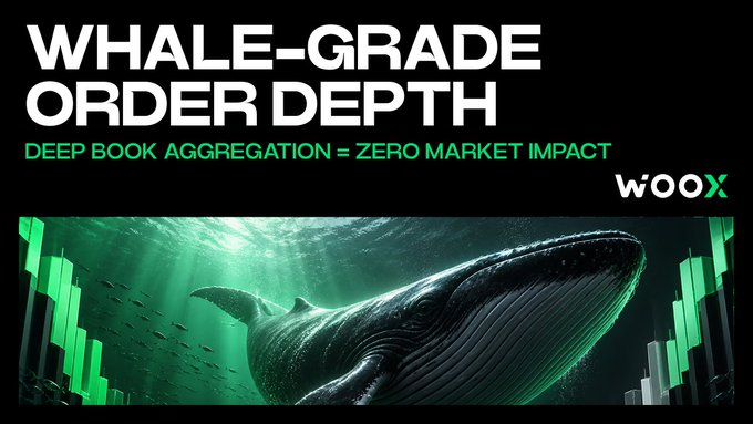 A promotional banner for WOOX features the headline "WHALE-GRADE ORDER DEPTH" with the subtext "DEEP BOOK AGGREGATION = ZERO MARKET IMPACT," visually paired with an underwater scene of a massive whale surrounded by green candlestick charts, reinforcing the post's message about absorbing large block orders without price disturbance.