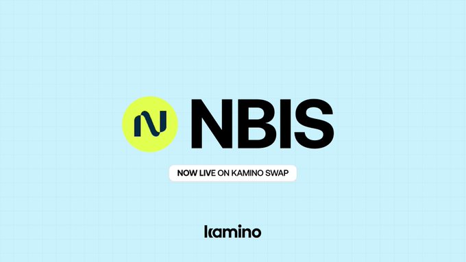 A promotional graphic with a light blue grid background announcing 'NBIS' now live on Kamino Swap, featuring a yellow circular logo with a stylized 'N'.