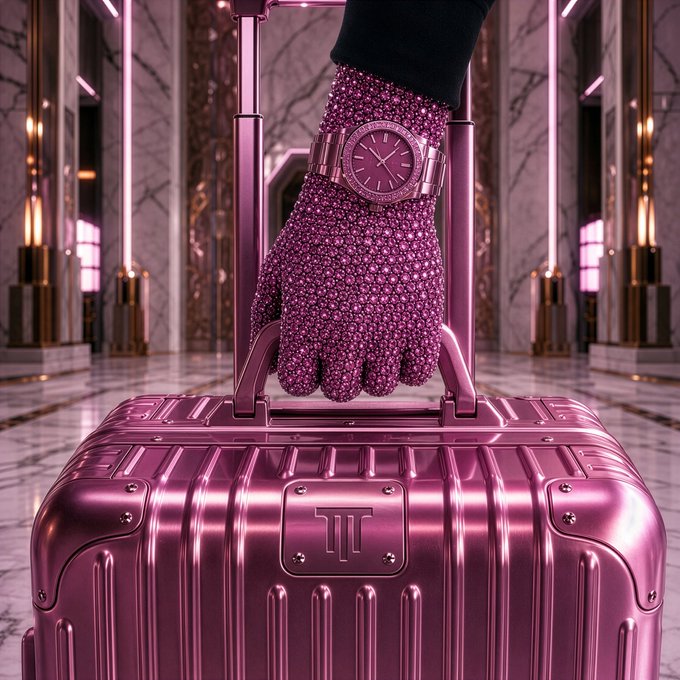 A glossy metallic pink suitcase is gripped by a hand encrusted with pink crystals, which also sports a matching pink watch, set in a luxurious pink and marble hallway.