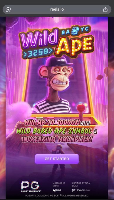 The image shows a mobile device screen displaying an advertisement for a game called "Wild Bajaape" by Reelsio. The ad features a cartoon monkey wearing a hat, which is the main character of the game. The background of the ad has purple and pink colors with a mountain in the background. The text on the screen reads: "Wild Bajaape - Wild bored acape - Wild bored acape - Wild bored acape - Wild bored acape - Wild bored acape".