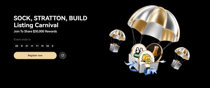 A promotional banner titled 'SOCK, STRATTON, BUILD Listing Carnival' offering $30,000 rewards, featuring 3D parachutes carrying gift boxes.