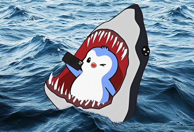 A cartoon-style illustration of a cute penguin holding a phone emerging from the jaws of a shark, set against a backdrop of ocean waves.