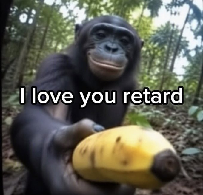 A meme image of a chimpanzee offering a banana with the caption 'I love you retard'.