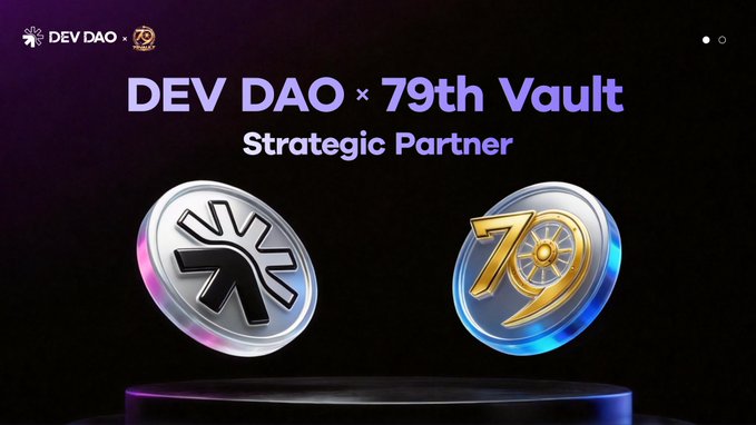 A promotional graphic displays the text 'DEV DAO x 79th Vault Strategic Partner' above two metallic coin logos.