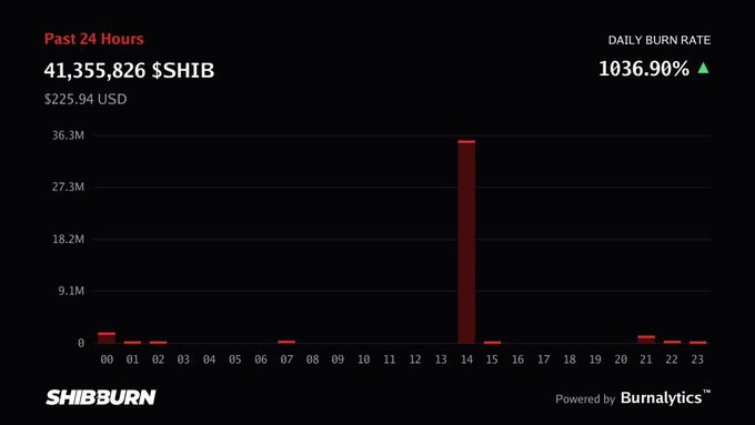 A ShibBurn dashboard showing 41,355,826 SHIB ($225.94 USD) burned in the past 24 hours with a daily burn rate of 1036.90%, displaying a bar chart with a major spike around hour 14.